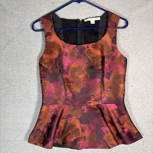 Boston Proper Peplum Top Women Size 8 Abstract Pink Orange Water Color Artsy Y2K